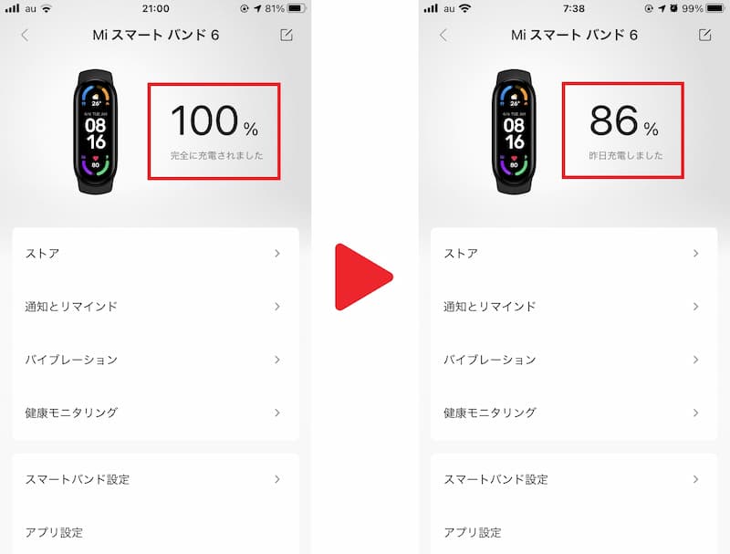 Mi Smart Band 6のバッテリー変化